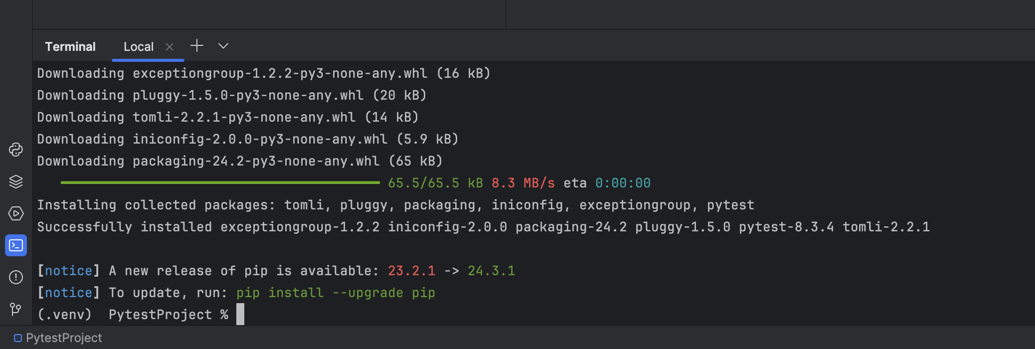 successful installation of pytest